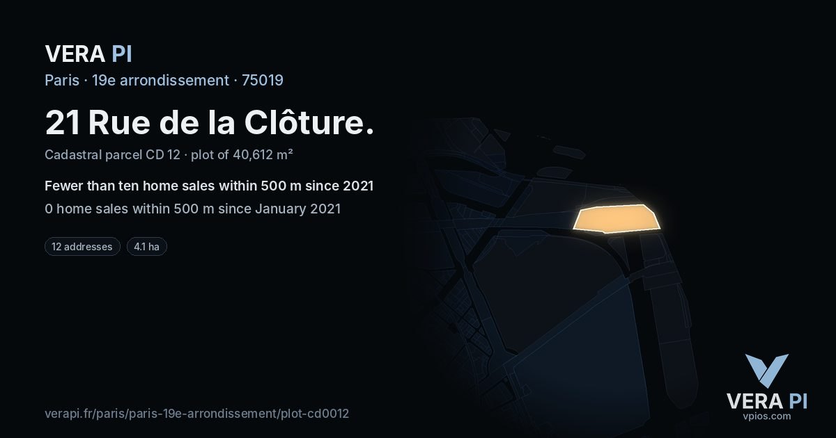 21 Rue de la Clôture, 19e arrondissement at night – the plot lit, the parcels around coloured by the prices near them
