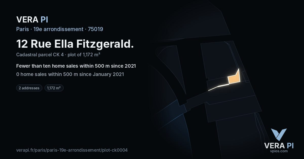 12 Rue Ella Fitzgerald, 19e arrondissement at night – the plot lit, the parcels around coloured by the prices near them