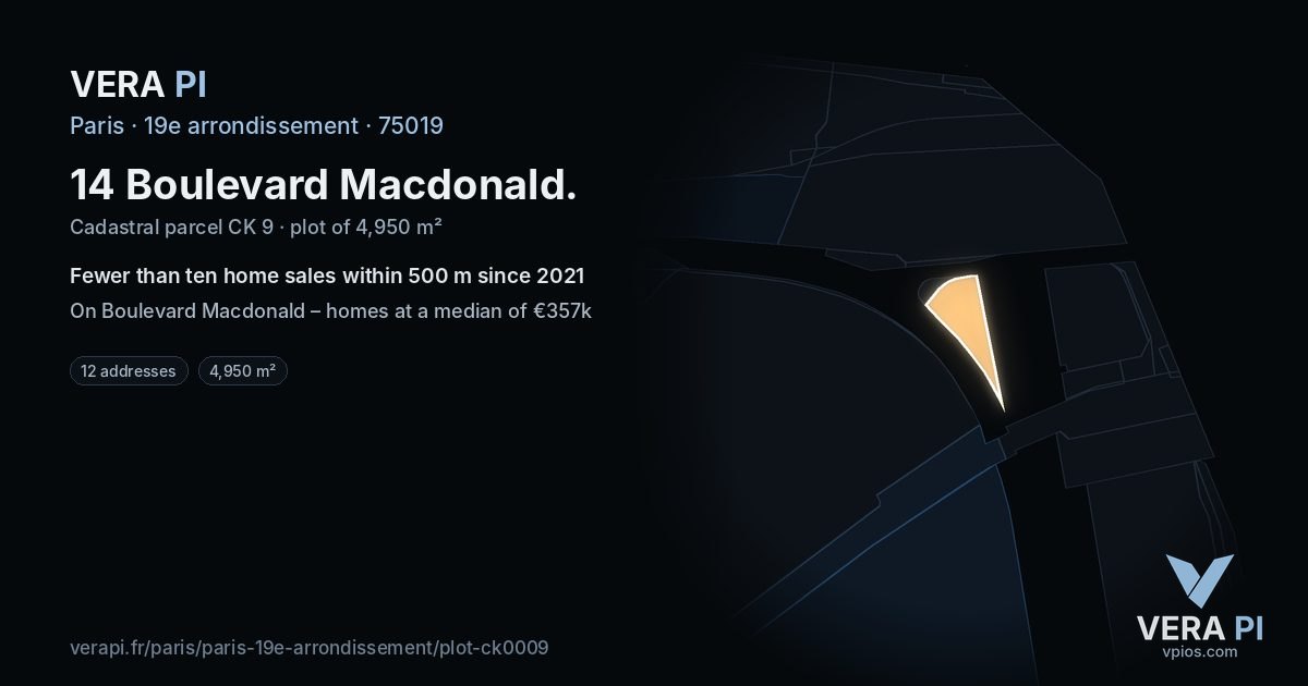 14 Boulevard Macdonald, 19e arrondissement at night – the plot lit, the parcels around coloured by the prices near them