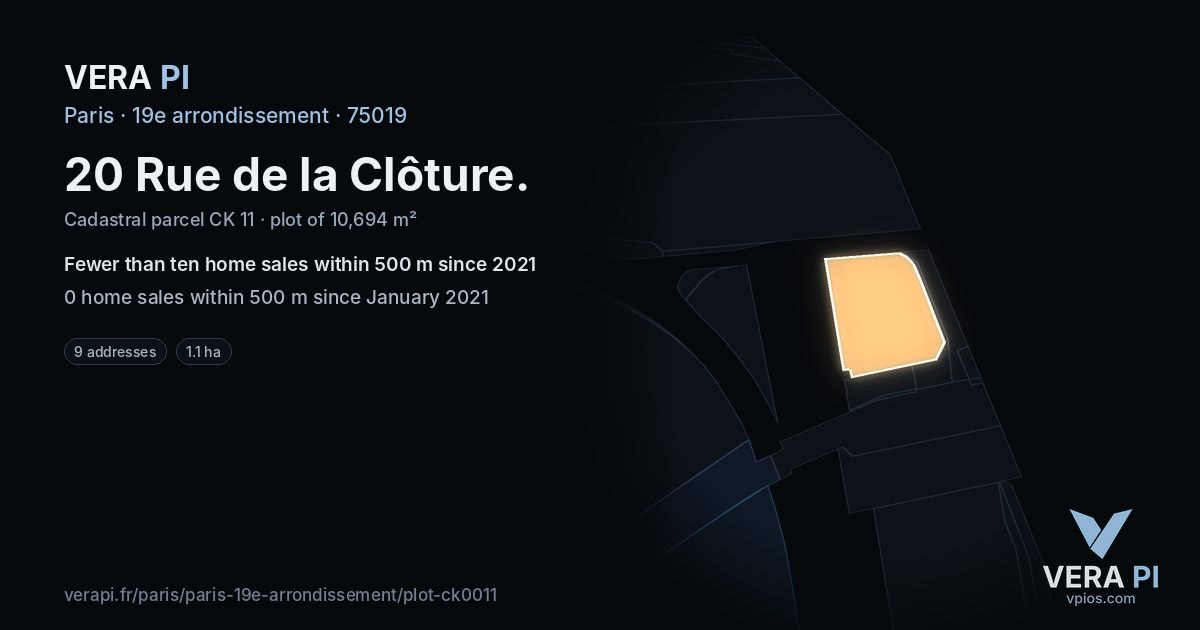 20 Rue de la Clôture, 19e arrondissement at night – the plot lit, the parcels around coloured by the prices near them