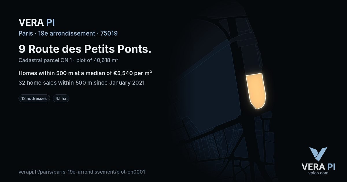 9 Route des Petits Ponts, 19e arrondissement at night – the plot lit, the parcels around coloured by the prices near them