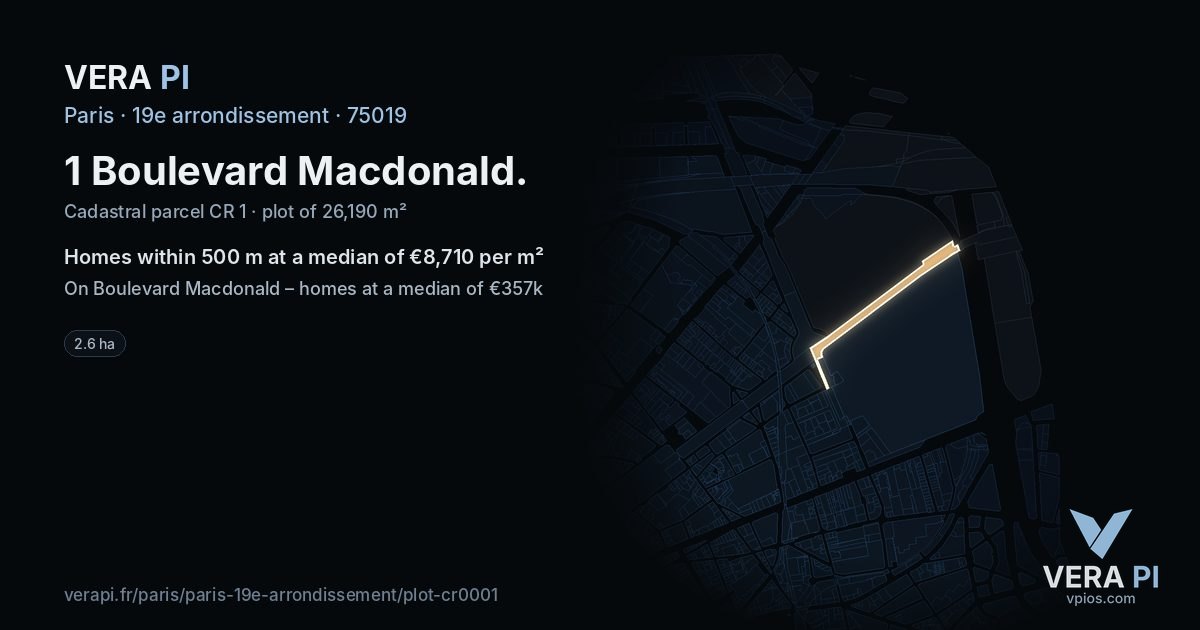 1 Boulevard Macdonald, 19e arrondissement at night – the plot lit, the parcels around coloured by the prices near them
