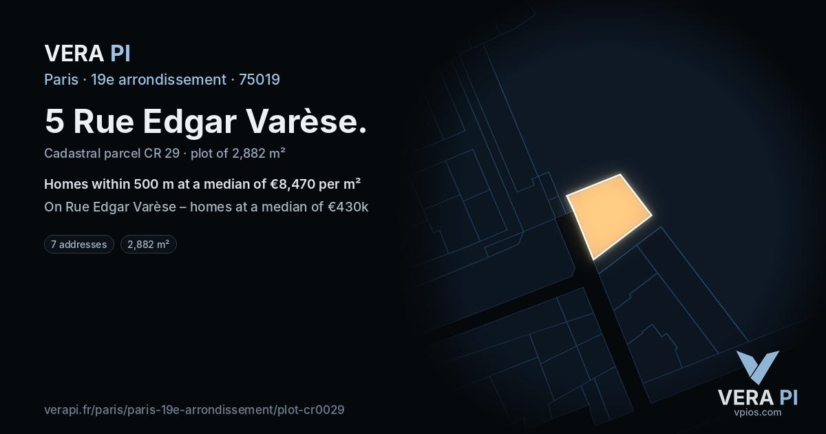 5 Rue Edgar Varèse, 19e arrondissement at night – the plot lit, the parcels around coloured by the prices near them
