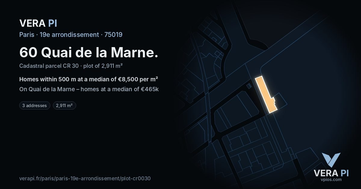 60 Quai de la Marne, 19e arrondissement at night – the plot lit, the parcels around coloured by the prices near them
