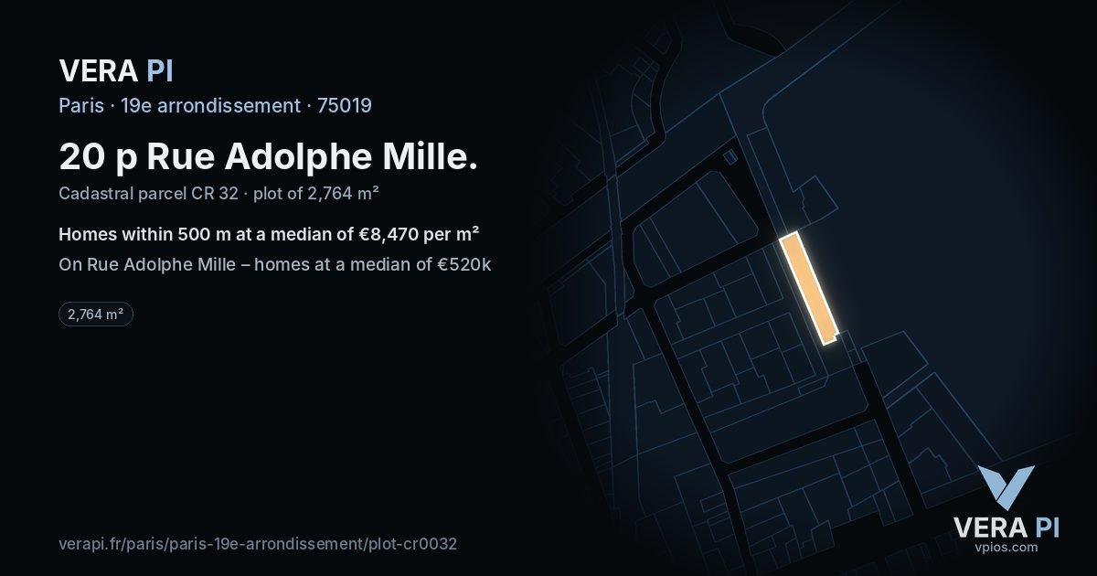 20 p Rue Adolphe Mille, 19e arrondissement at night – the plot lit, the parcels around coloured by the prices near them