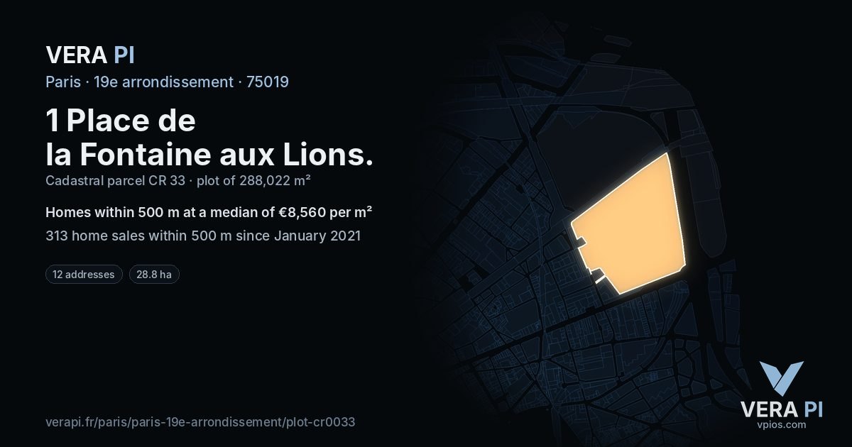 1 Place de la Fontaine aux Lions, 19e arrondissement at night – the plot lit, the parcels around coloured by the prices near them
