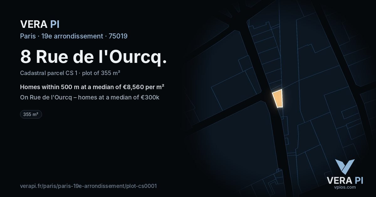8 Rue de l'Ourcq, 19e arrondissement at night – the plot lit, the parcels around coloured by the prices near them