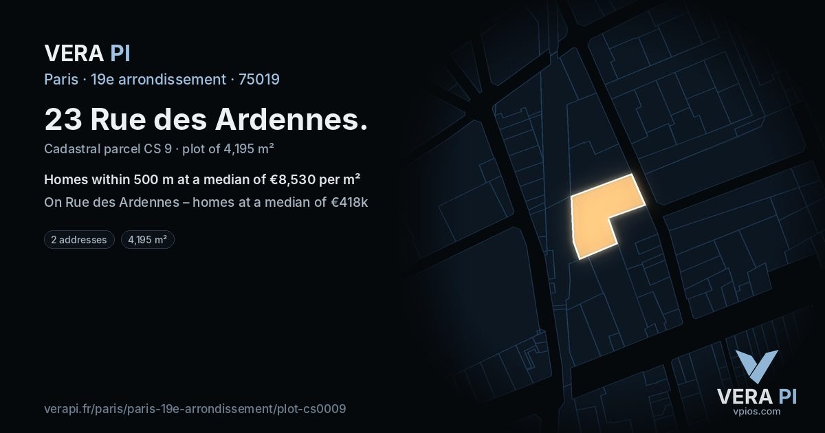 23 Rue des Ardennes, 19e arrondissement at night – the plot lit, the parcels around coloured by the prices near them