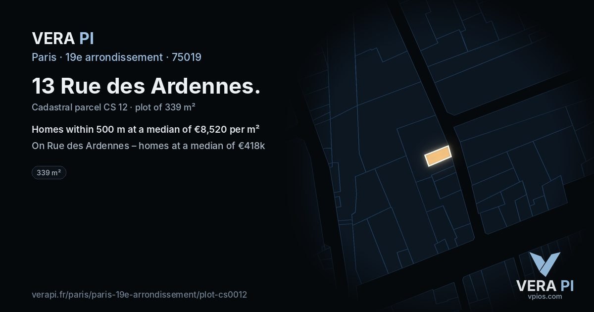 13 Rue des Ardennes, 19e arrondissement at night – the plot lit, the parcels around coloured by the prices near them