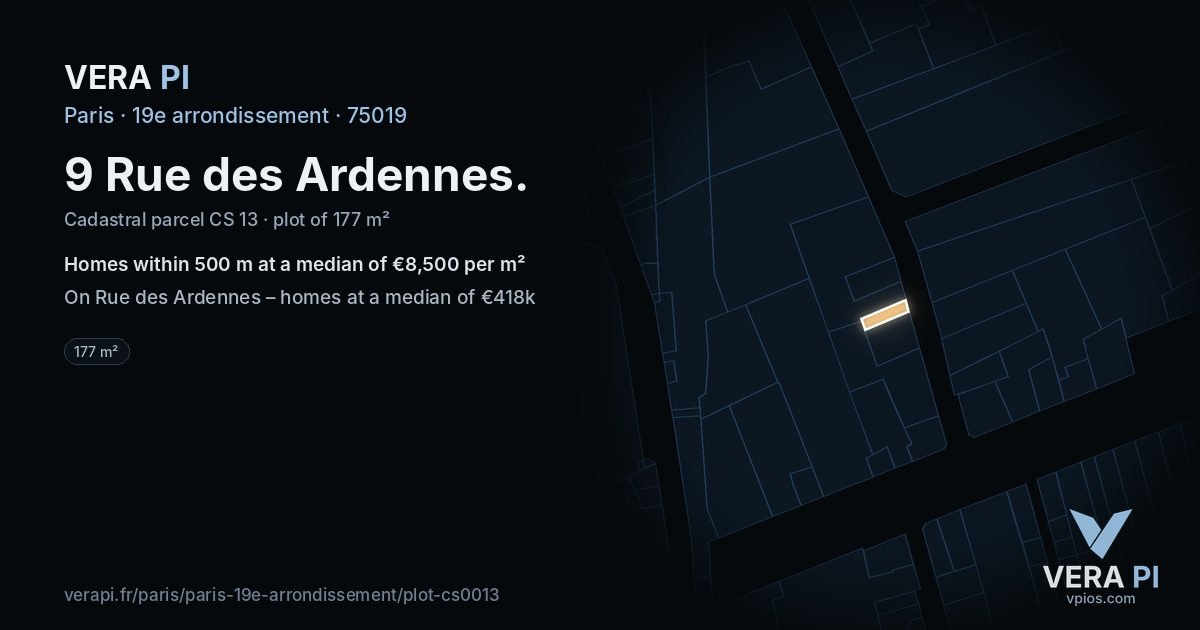 9 Rue des Ardennes, 19e arrondissement at night – the plot lit, the parcels around coloured by the prices near them