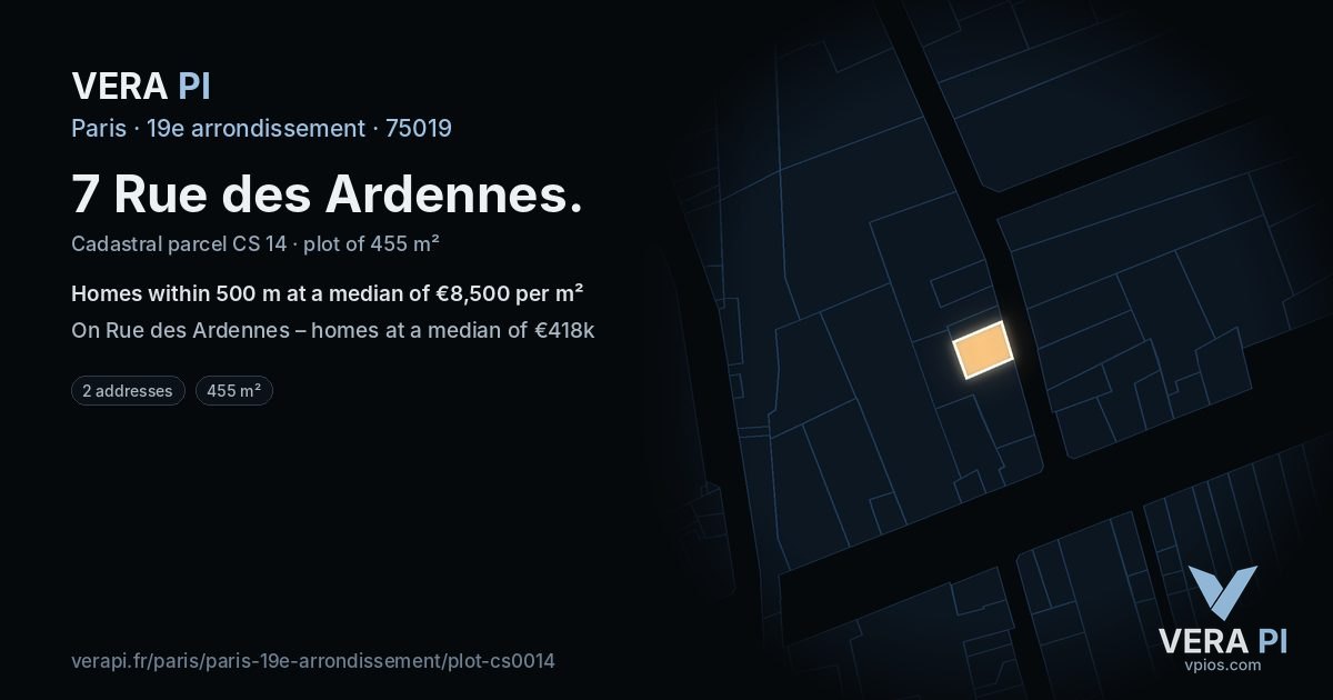 7 Rue des Ardennes, 19e arrondissement at night – the plot lit, the parcels around coloured by the prices near them
