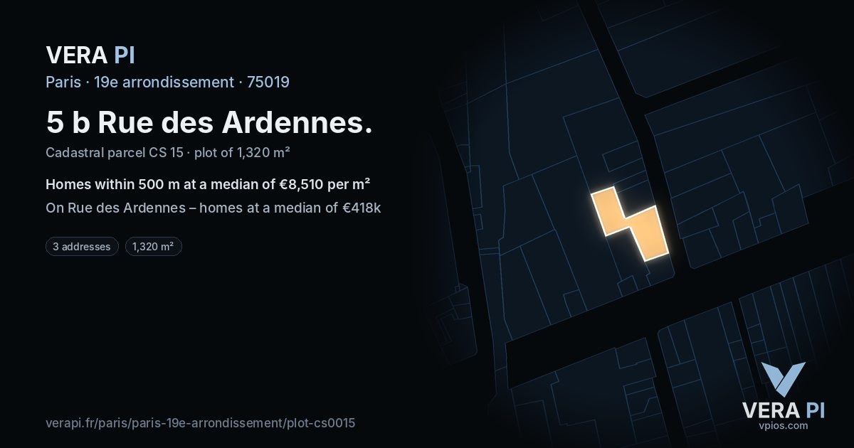 5 b Rue des Ardennes, 19e arrondissement at night – the plot lit, the parcels around coloured by the prices near them