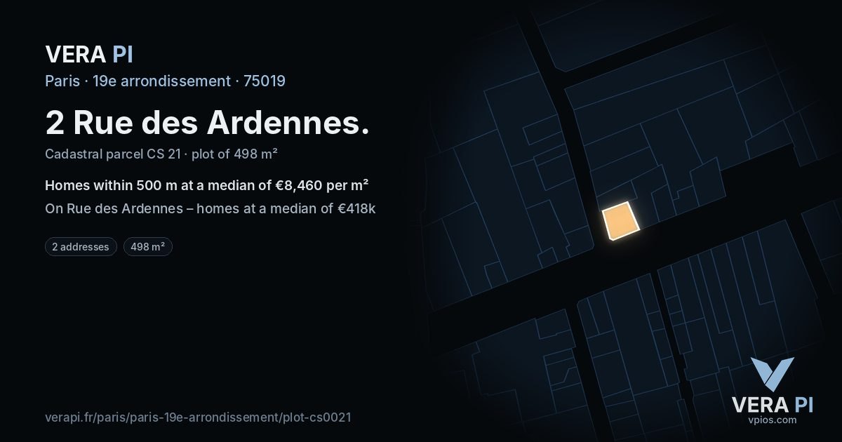 2 Rue des Ardennes, 19e arrondissement at night – the plot lit, the parcels around coloured by the prices near them