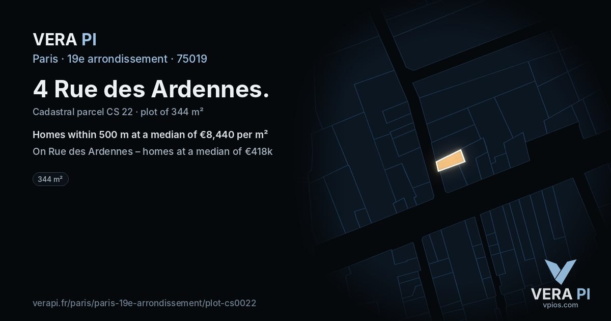 4 Rue des Ardennes, 19e arrondissement at night – the plot lit, the parcels around coloured by the prices near them