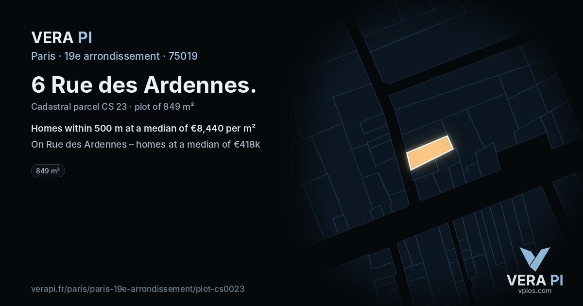 6 Rue des Ardennes, 19e arrondissement at night – the plot lit, the parcels around coloured by the prices near them