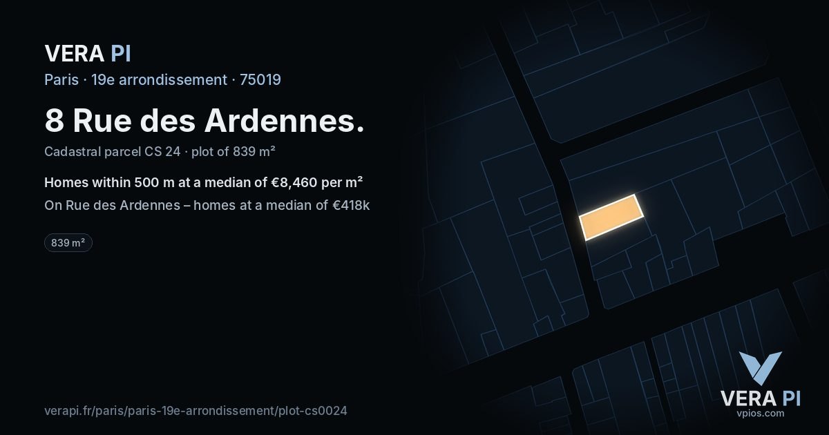 8 Rue des Ardennes, 19e arrondissement at night – the plot lit, the parcels around coloured by the prices near them