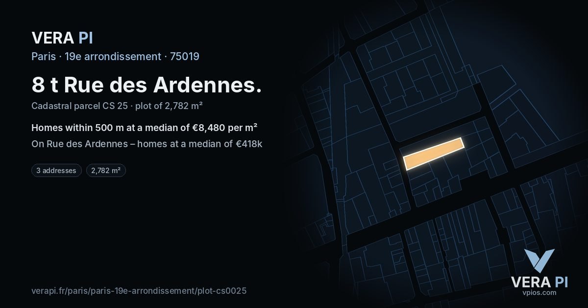 8 t Rue des Ardennes, 19e arrondissement at night – the plot lit, the parcels around coloured by the prices near them