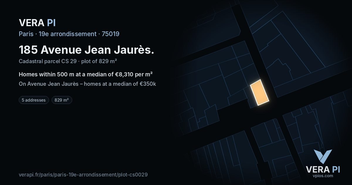 185 Avenue Jean Jaurès, 19e arrondissement at night – the plot lit, the parcels around coloured by the prices near them