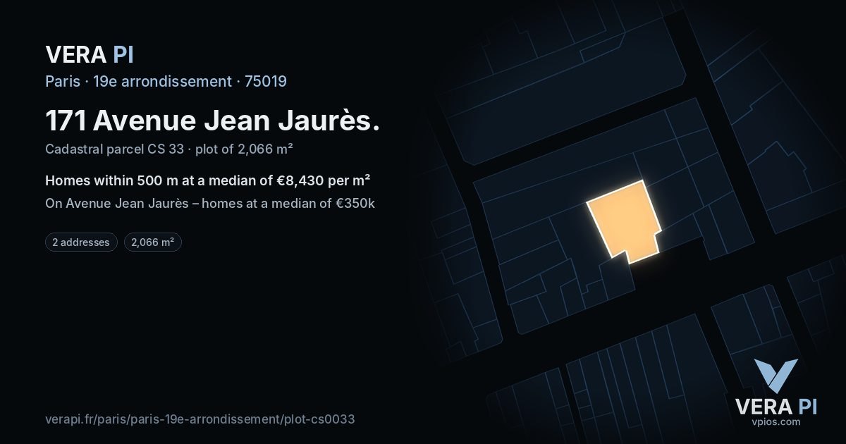 171 Avenue Jean Jaurès, 19e arrondissement at night – the plot lit, the parcels around coloured by the prices near them