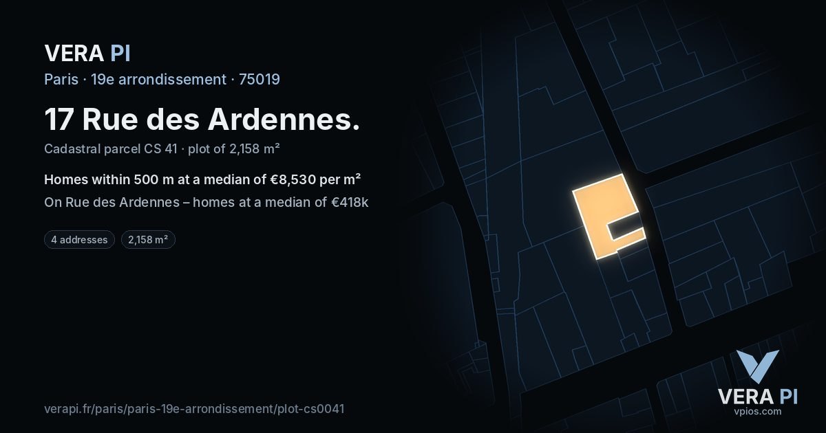17 Rue des Ardennes, 19e arrondissement at night – the plot lit, the parcels around coloured by the prices near them