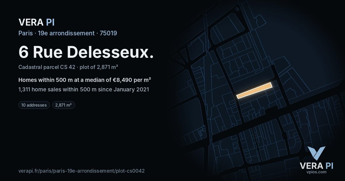 6 Rue Delesseux, 19e arrondissement at night – the plot lit, the parcels around coloured by the prices near them