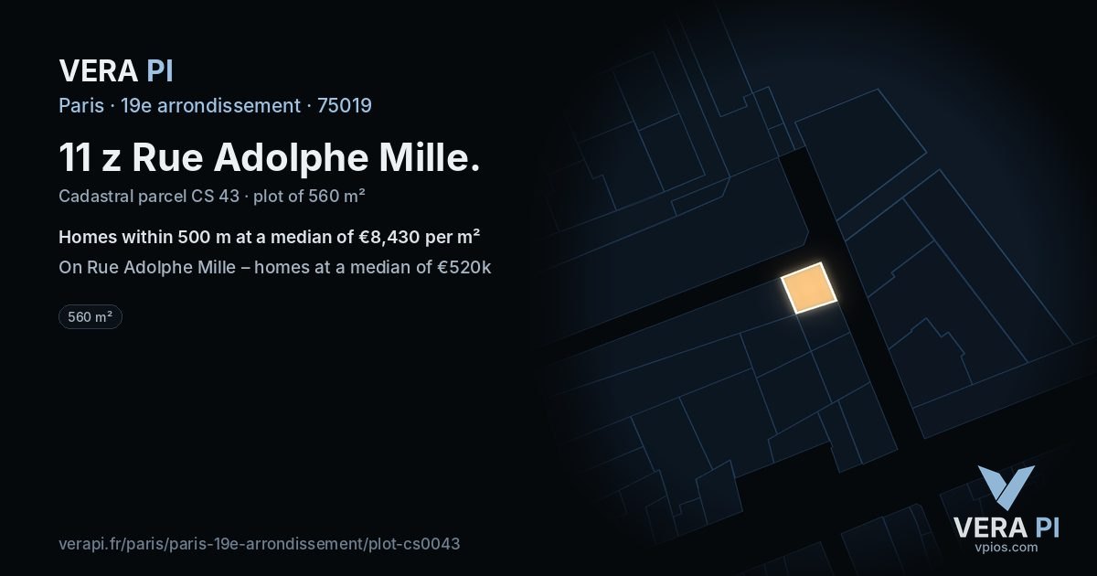 11 z Rue Adolphe Mille, 19e arrondissement at night – the plot lit, the parcels around coloured by the prices near them