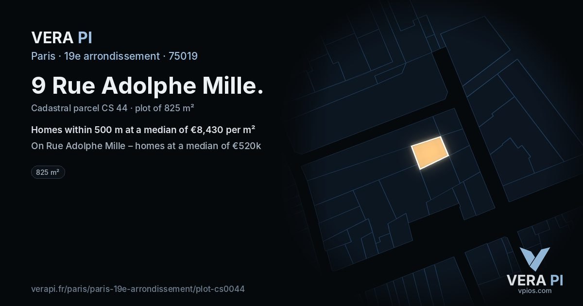 9 Rue Adolphe Mille, 19e arrondissement at night – the plot lit, the parcels around coloured by the prices near them