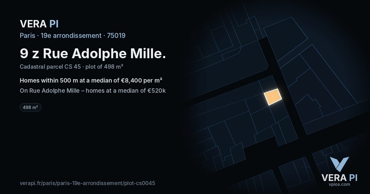 9 z Rue Adolphe Mille, 19e arrondissement at night – the plot lit, the parcels around coloured by the prices near them