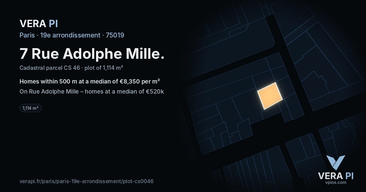 7 Rue Adolphe Mille, 19e arrondissement at night – the plot lit, the parcels around coloured by the prices near them