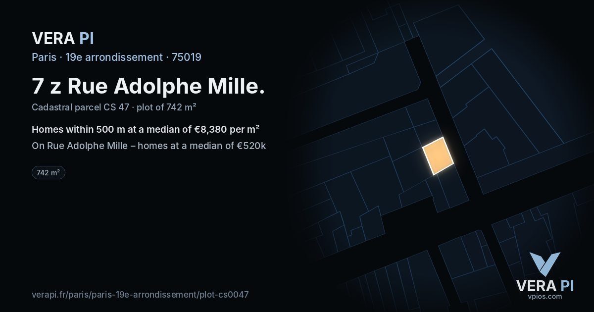 7 z Rue Adolphe Mille, 19e arrondissement at night – the plot lit, the parcels around coloured by the prices near them