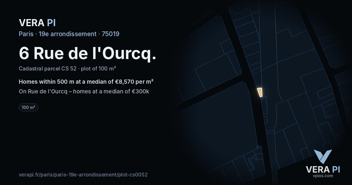 6 Rue de l'Ourcq, 19e arrondissement at night – the plot lit, the parcels around coloured by the prices near them