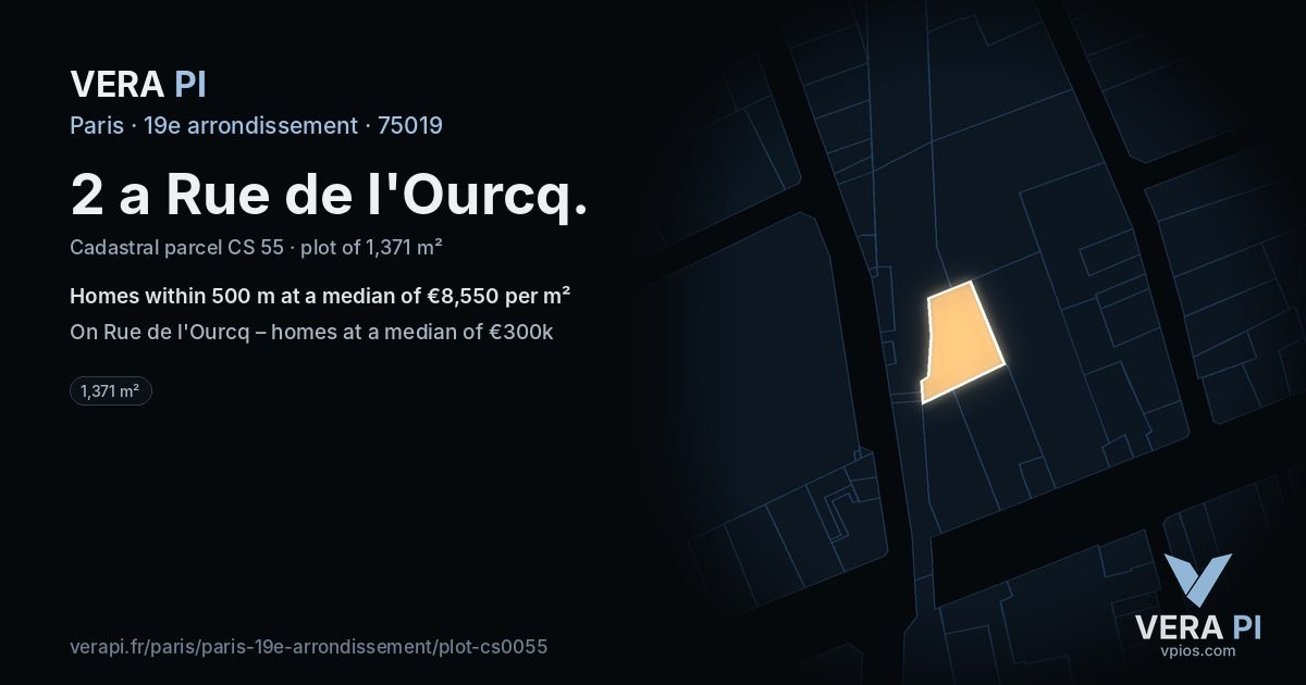 2 a Rue de l'Ourcq, 19e arrondissement at night – the plot lit, the parcels around coloured by the prices near them