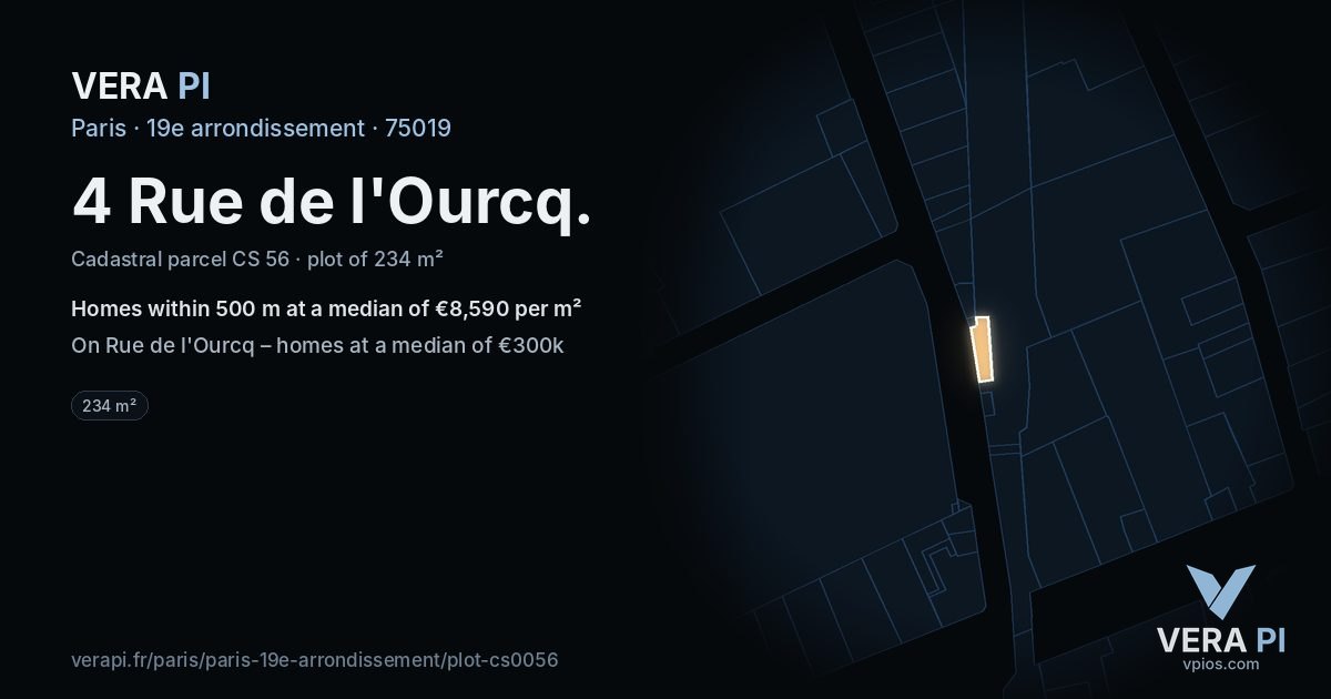 4 Rue de l'Ourcq, 19e arrondissement at night – the plot lit, the parcels around coloured by the prices near them