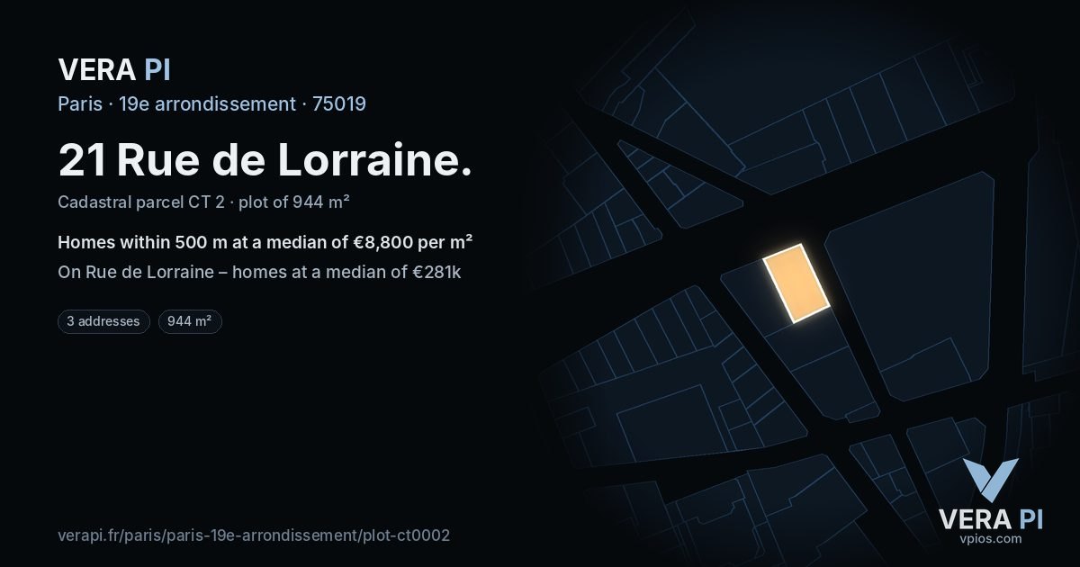 21 Rue de Lorraine, 19e arrondissement at night – the plot lit, the parcels around coloured by the prices near them