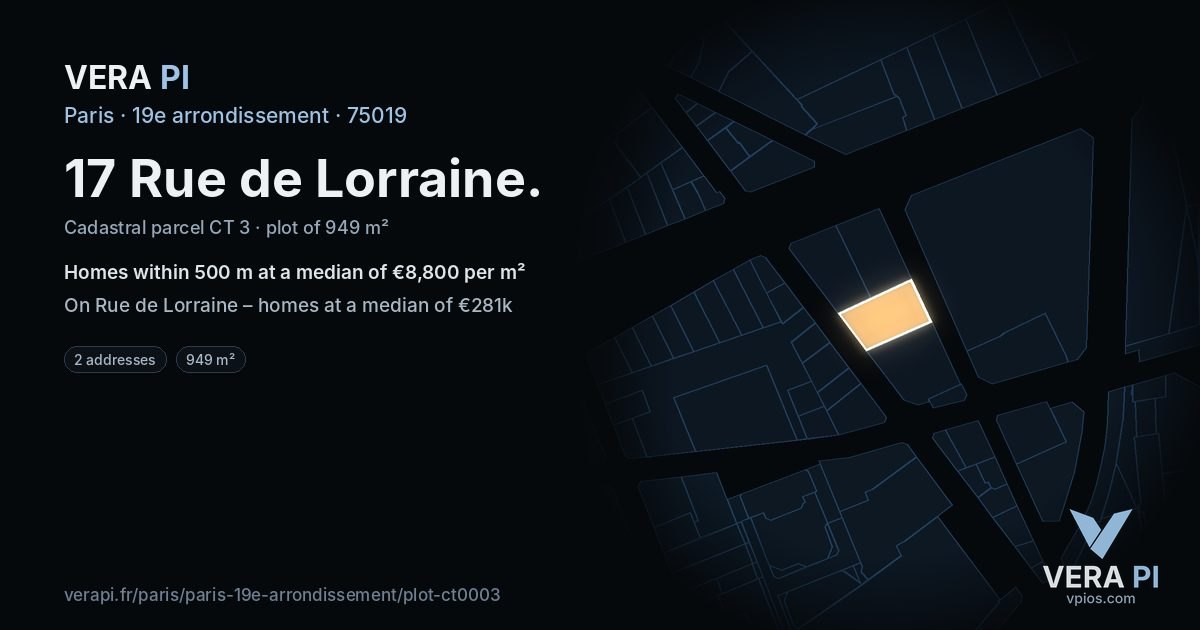 17 Rue de Lorraine, 19e arrondissement at night – the plot lit, the parcels around coloured by the prices near them