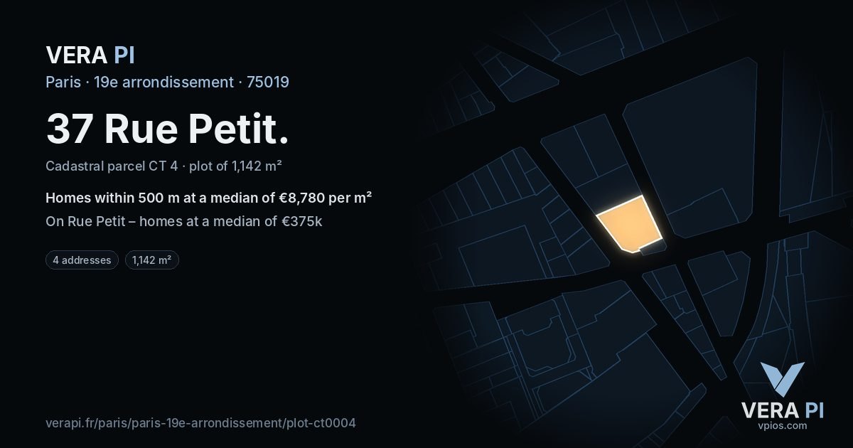 37 Rue Petit, 19e arrondissement at night – the plot lit, the parcels around coloured by the prices near them