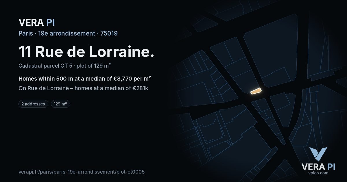11 Rue de Lorraine, 19e arrondissement at night – the plot lit, the parcels around coloured by the prices near them