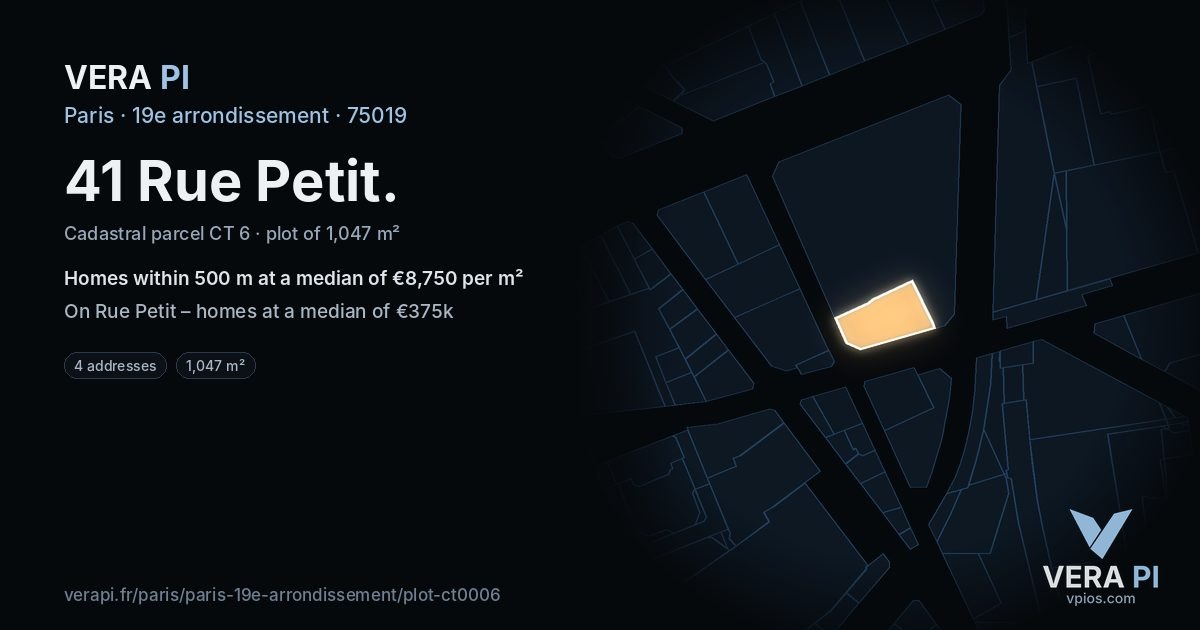 41 Rue Petit, 19e arrondissement at night – the plot lit, the parcels around coloured by the prices near them