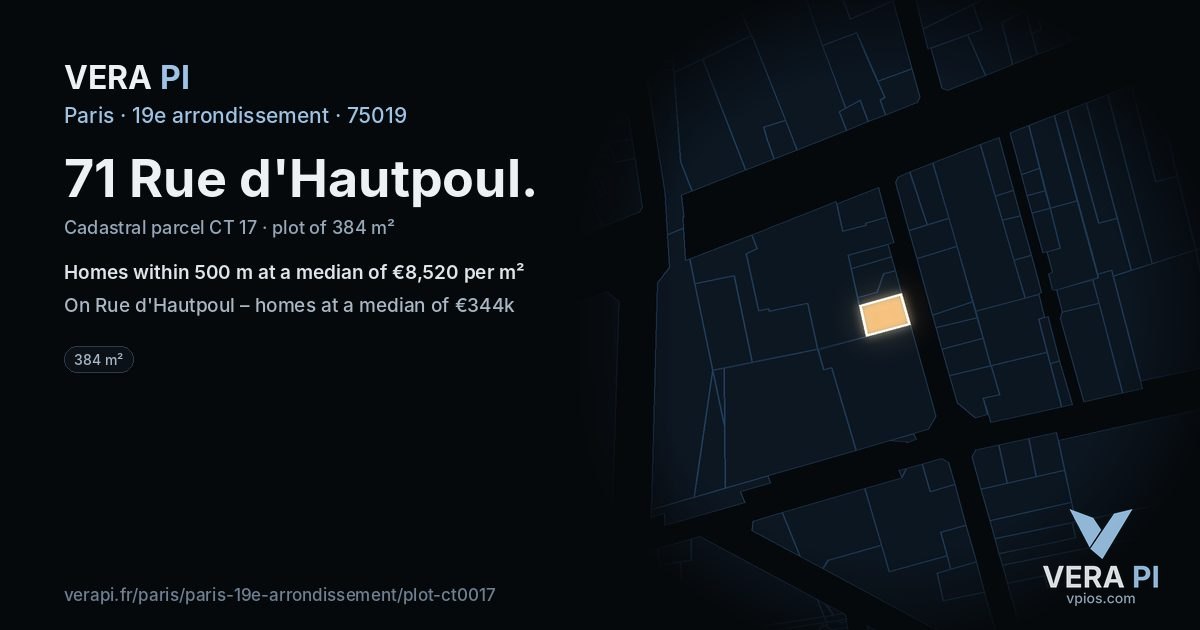 71 Rue d'Hautpoul, 19e arrondissement at night – the plot lit, the parcels around coloured by the prices near them