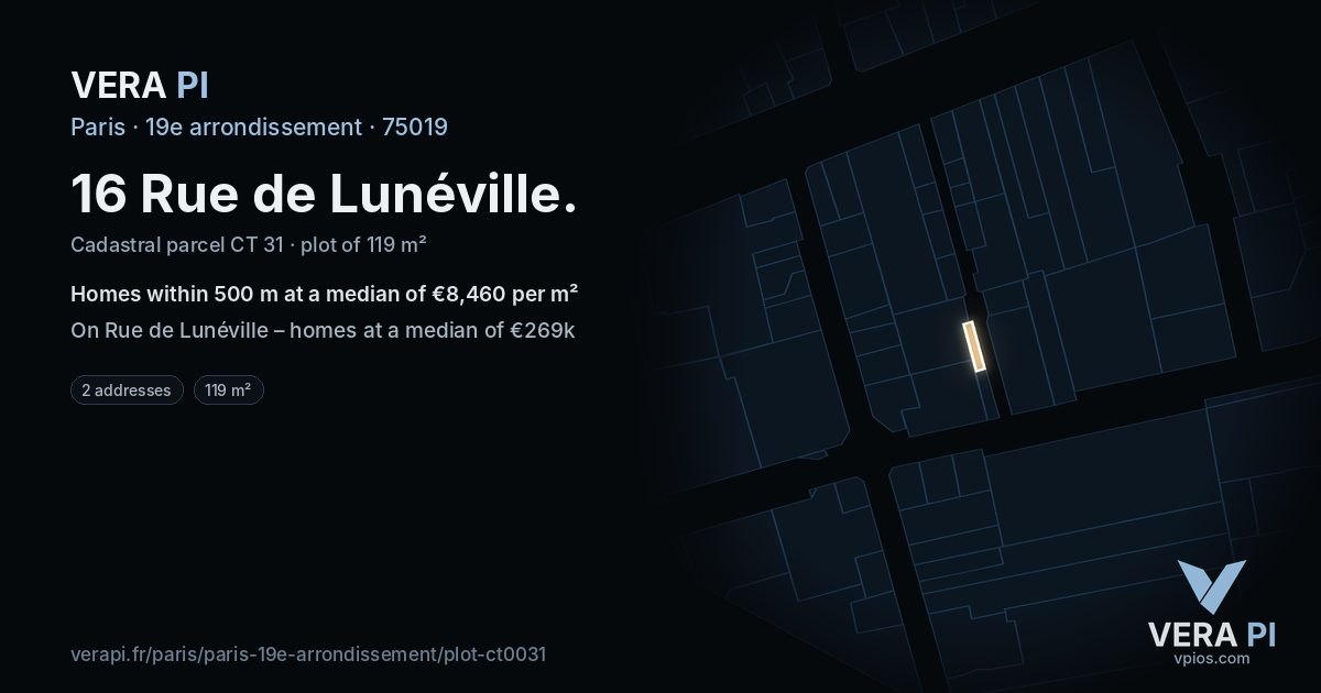 16 Rue de Lunéville, 19e arrondissement at night – the plot lit, the parcels around coloured by the prices near them