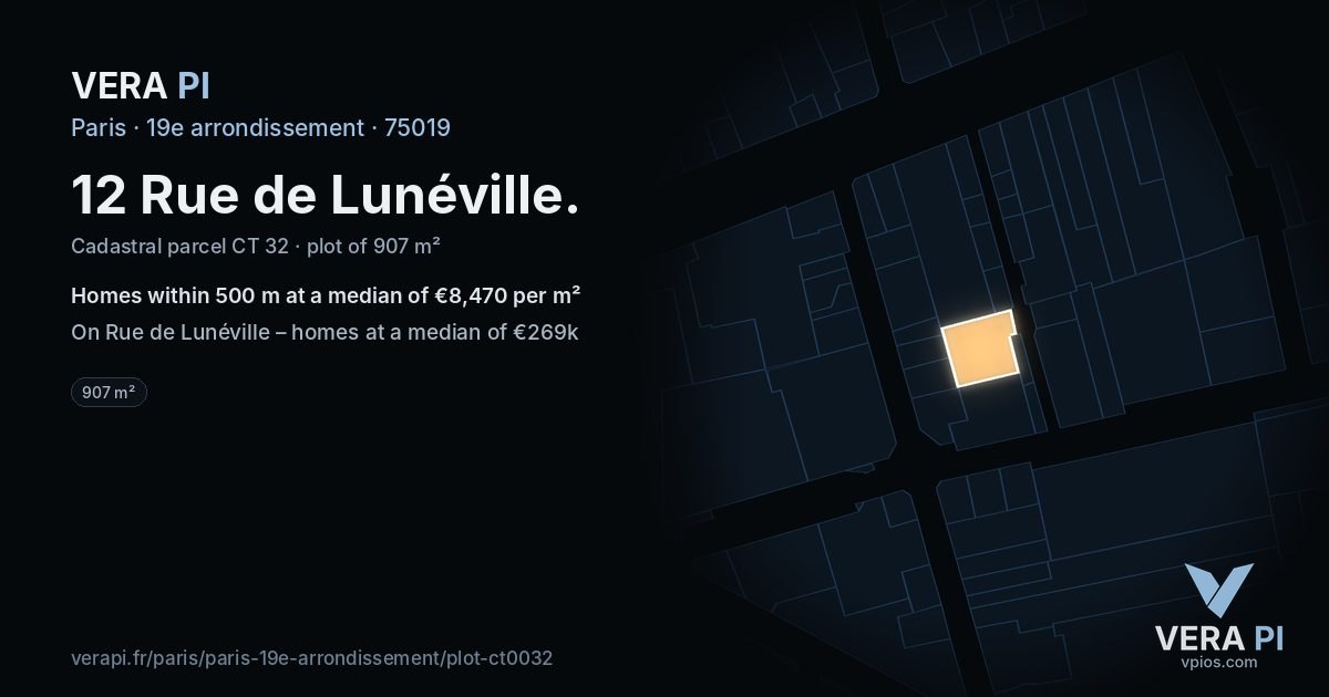 12 Rue de Lunéville, 19e arrondissement at night – the plot lit, the parcels around coloured by the prices near them