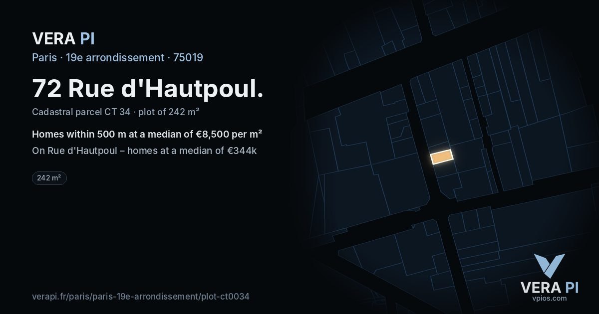 72 Rue d'Hautpoul, 19e arrondissement at night – the plot lit, the parcels around coloured by the prices near them