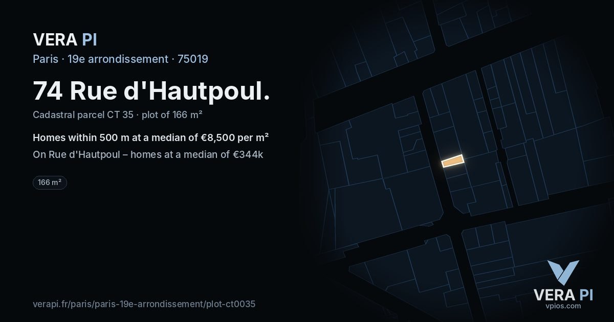 74 Rue d'Hautpoul, 19e arrondissement at night – the plot lit, the parcels around coloured by the prices near them