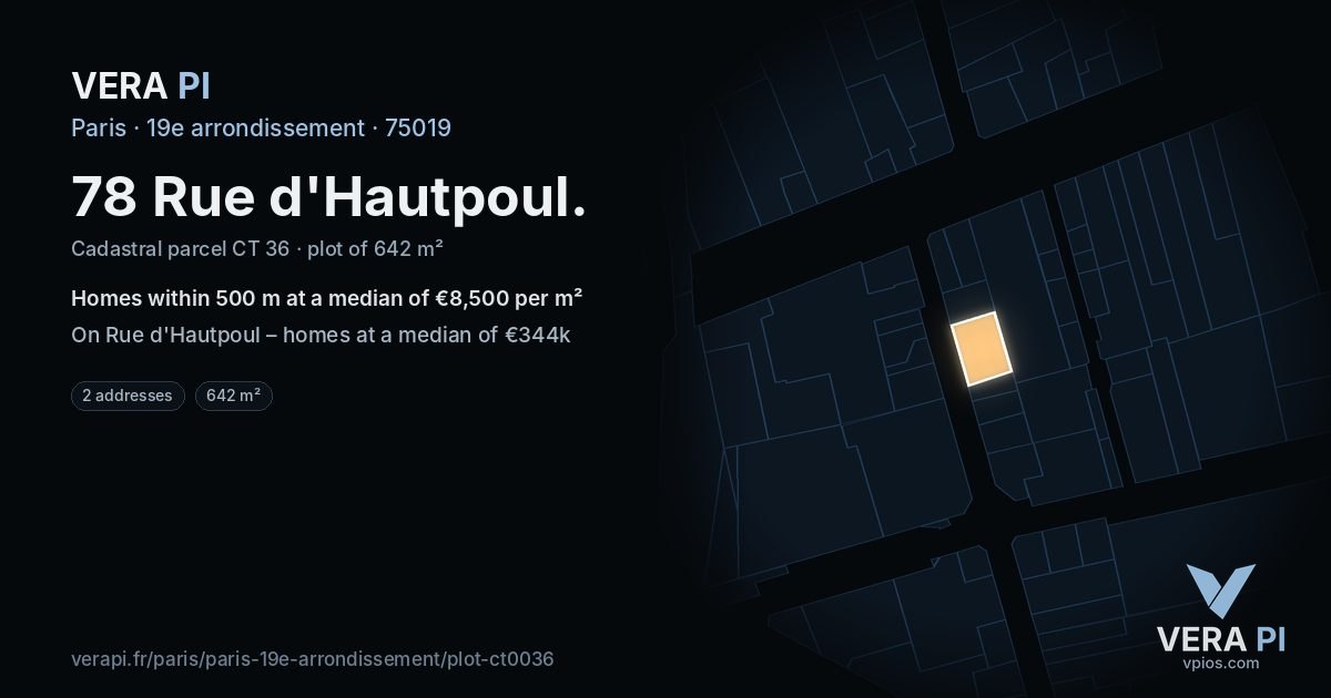 78 Rue d'Hautpoul, 19e arrondissement at night – the plot lit, the parcels around coloured by the prices near them
