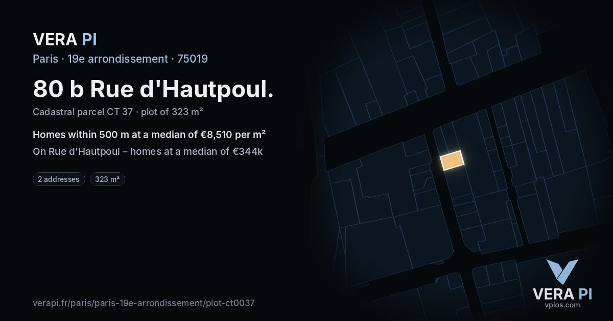 80 b Rue d'Hautpoul, 19e arrondissement at night – the plot lit, the parcels around coloured by the prices near them