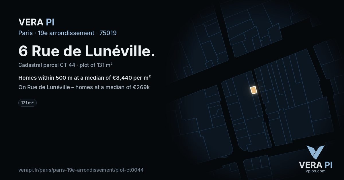 6 Rue de Lunéville, 19e arrondissement at night – the plot lit, the parcels around coloured by the prices near them