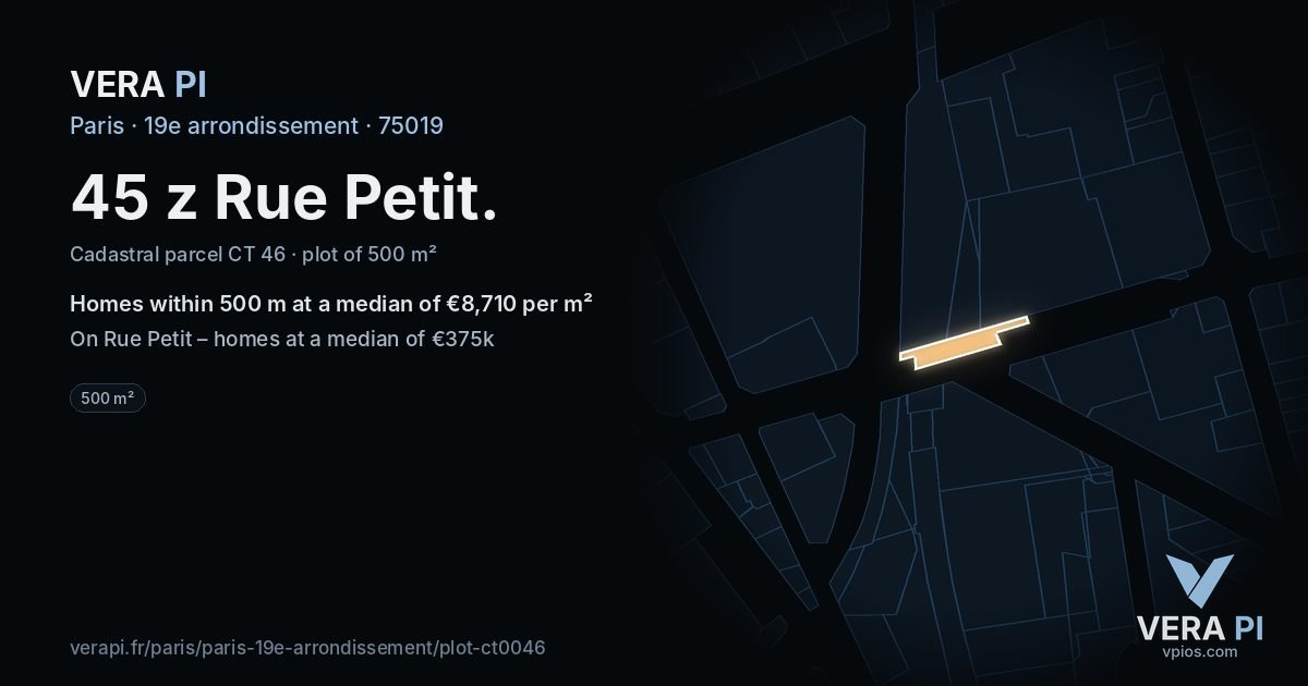 45 z Rue Petit, 19e arrondissement at night – the plot lit, the parcels around coloured by the prices near them