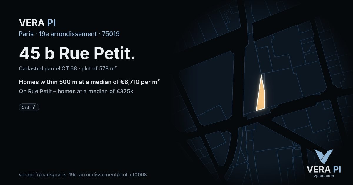 45 b Rue Petit, 19e arrondissement at night – the plot lit, the parcels around coloured by the prices near them