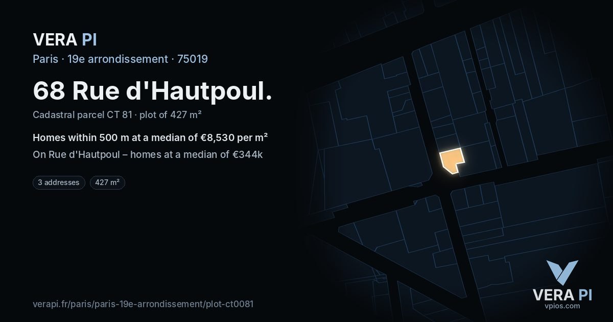 68 Rue d'Hautpoul, 19e arrondissement at night – the plot lit, the parcels around coloured by the prices near them