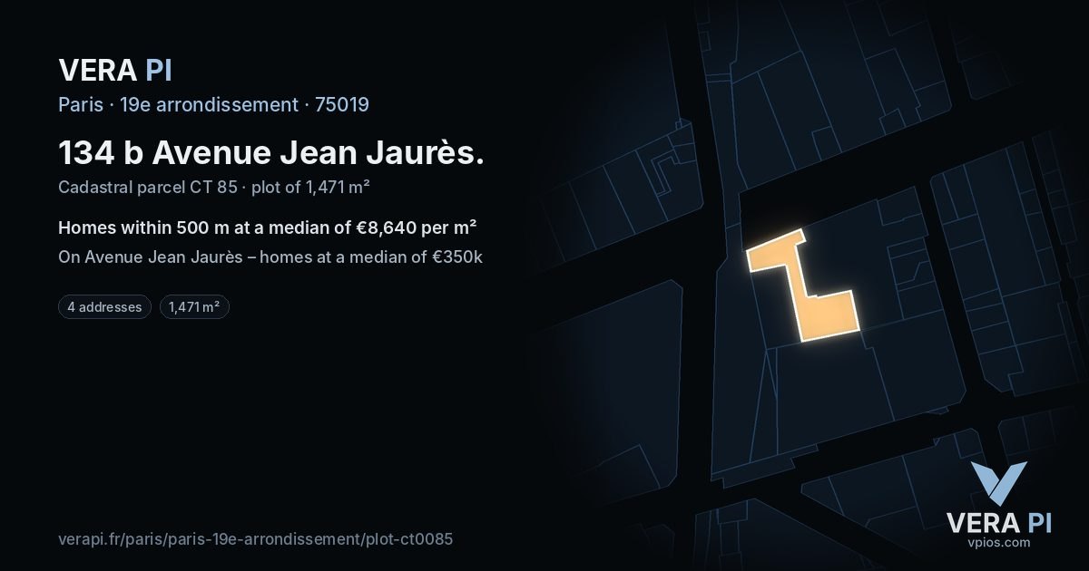 134 b Avenue Jean Jaurès, 19e arrondissement at night – the plot lit, the parcels around coloured by the prices near them